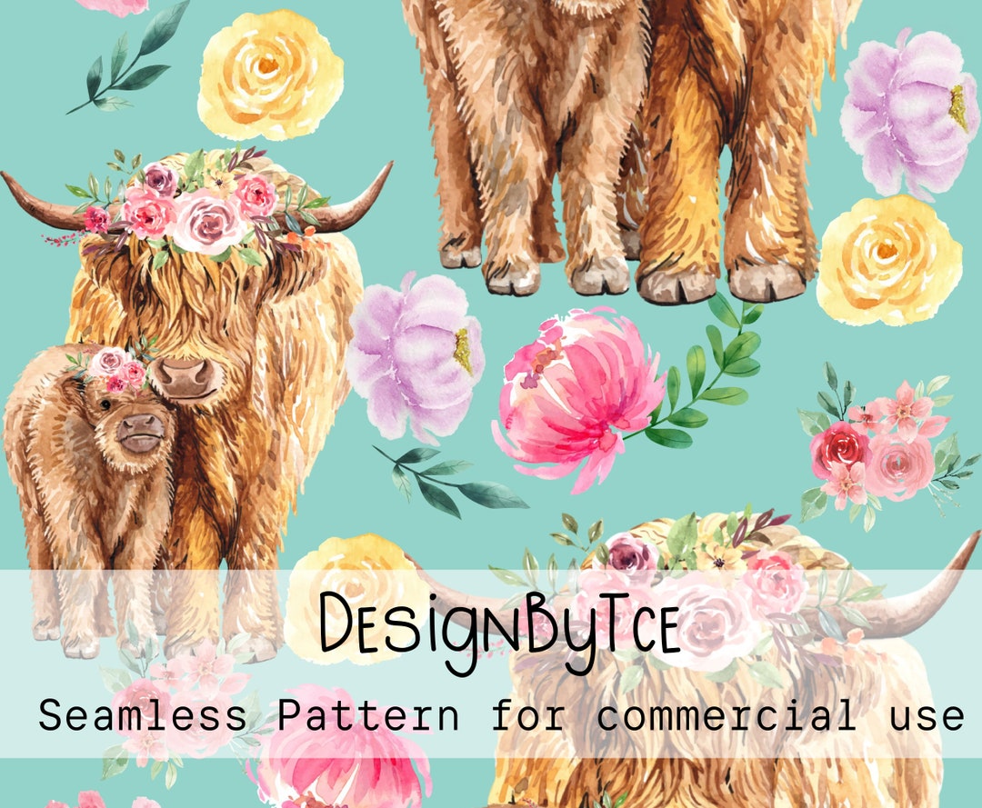 Floral Cow Seamless Pattern: Watercolor Fabric Print (digital Download ...