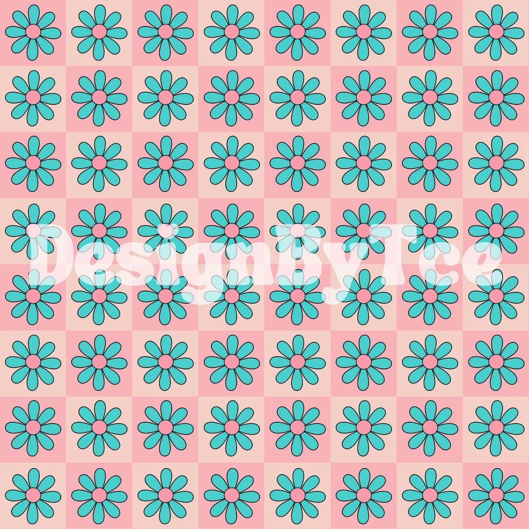 Retro Checkered Daisy Seamless Pattern: Blue & Pink Fabric Design ...