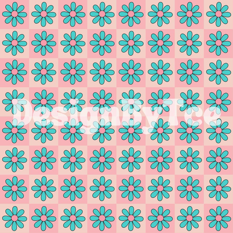 Retro Checkered Daisy Seamless Pattern: Blue & Pink Fabric Design ...