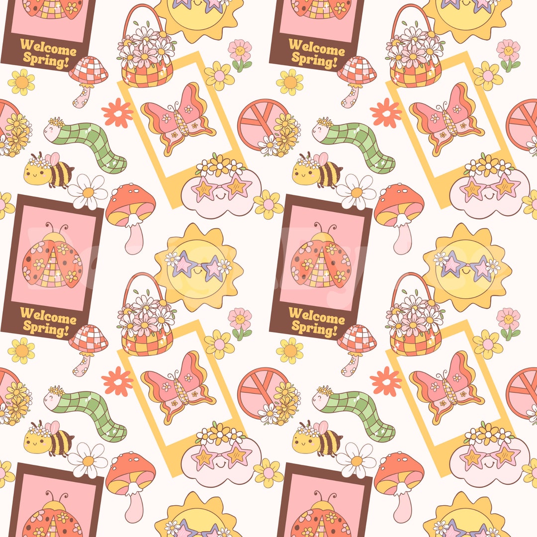 Welcome Spring Mushroom Ladybug Groovy Sun Seamless Pattern File ...