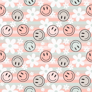 May include: A seamless pattern featuring pink, grey, and green smiley faces on a pink and white striped background with white daisy flowers.