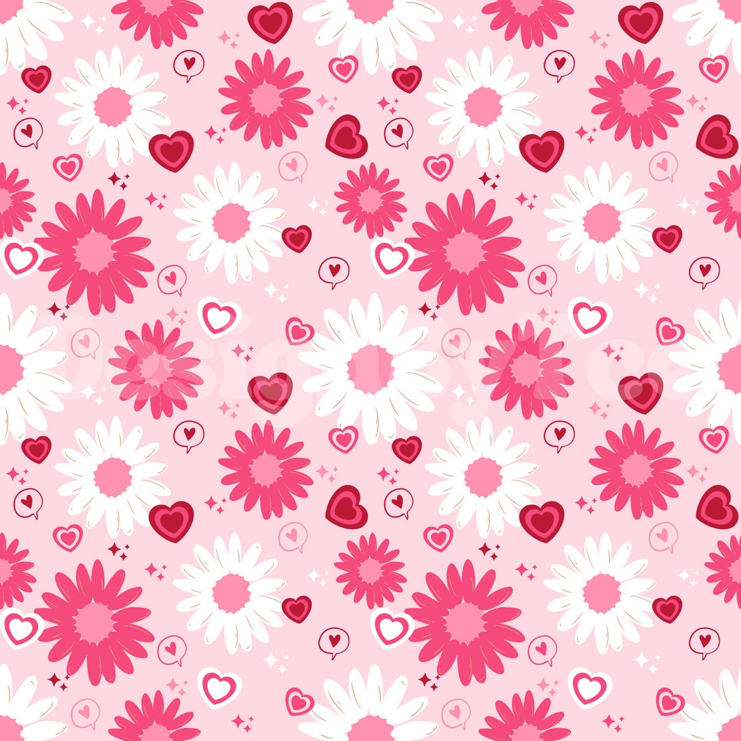 Pink Daisy Print Bright Pink Daisy and Heart Seamless Pattern Files for Valentines Day ...