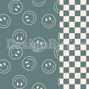 Puede incluir: Un patrón sin costuras con caras sonrientes blancas sobre un fondo azul verdoso. El patrón se repite en el lado izquierdo de la imagen. El lado derecho de la imagen presenta un patrón de tablero de ajedrez blanco y azul verdoso.