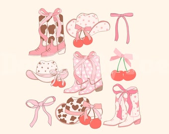 Coquette Cowgirl PNG: Pink Western Boot & Hat Designs (Digital Download)