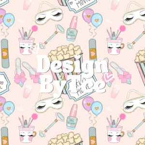 May include: A pink and blue seamless pattern with a variety of images including popcorn, nail polish, eye masks, champagne flutes, and a ticket that says "Ticket Movie".