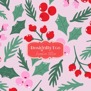 Christmas Pink Berry Seamless Pattern Files for Fabric Sublimation Printing Custom Fabric Design File