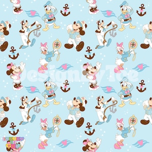 Peut inclure: Motif répétitif sur fond bleu clair avec les personnages de dessins animés Mickey Mouse, Minnie Mouse, Donald Duck, Daisy Duck et Dingo en tenue nautique. Comprend des ancres, des boussoles et des motifs de vagues.