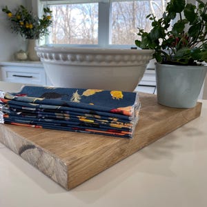 May include: A stack of folded, patterned fabric napkins in shades of blue, orange, and yellow rests on a wooden cutting board. A large white bowl and a small potted plant are in the background, suggesting a kitchen setting.