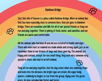 Rainbow Bridge Poem - Colorful Rainbow with Paw Prints -  8.5 x 11 inch Printable