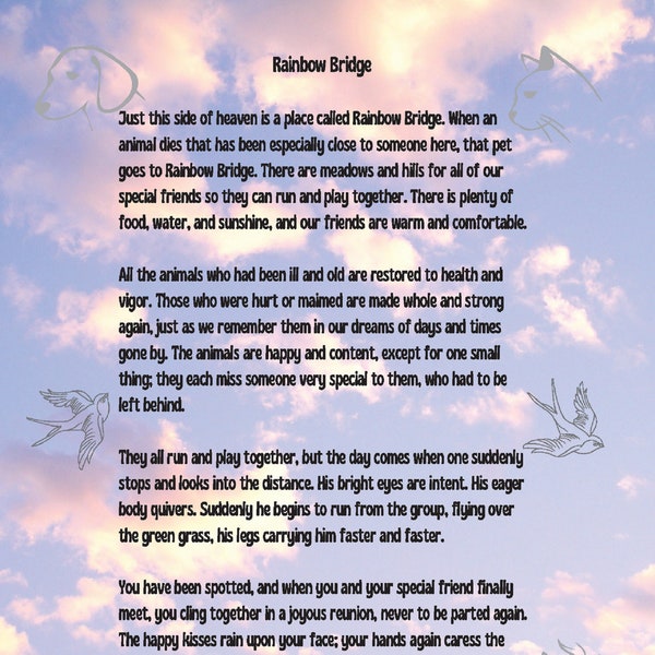 Rainbow Bridge Poem - Animal Angels in Clouds - 8.5 x 11 inch Printable