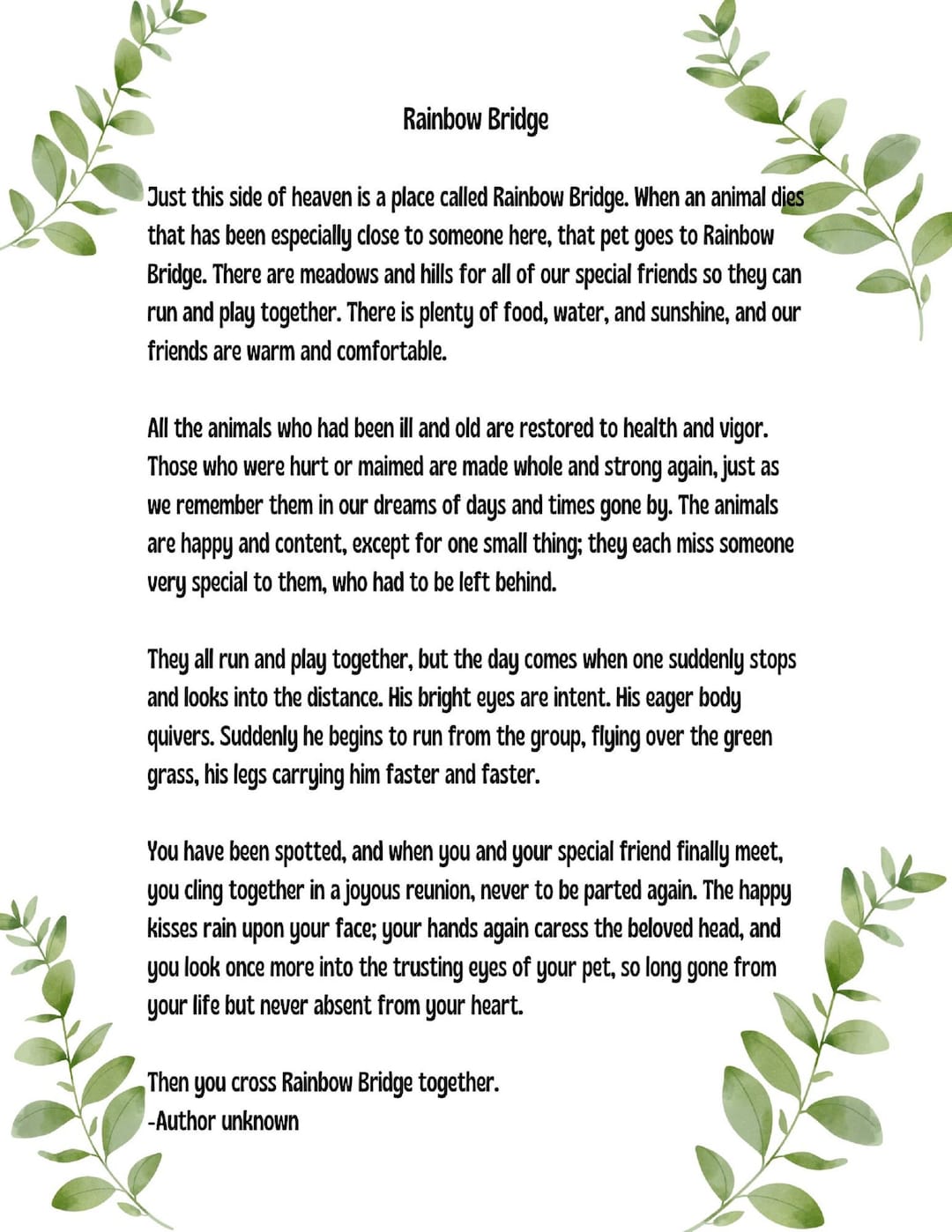 Rainbow Bridge Poem Green Leaf Accent 8 5 X 11 Inch Printable DIGITAL rainbow-bridge-poem-green-leaf-accent-8-5-x-11-inch-printable-digital