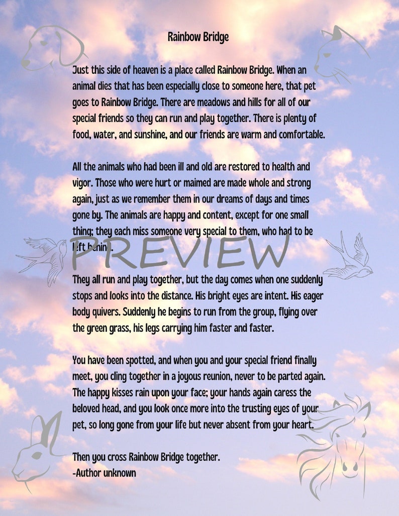 Rainbow Bridge Poem Animal Angels in Clouds 8.5 x 11 inch Printable image 2