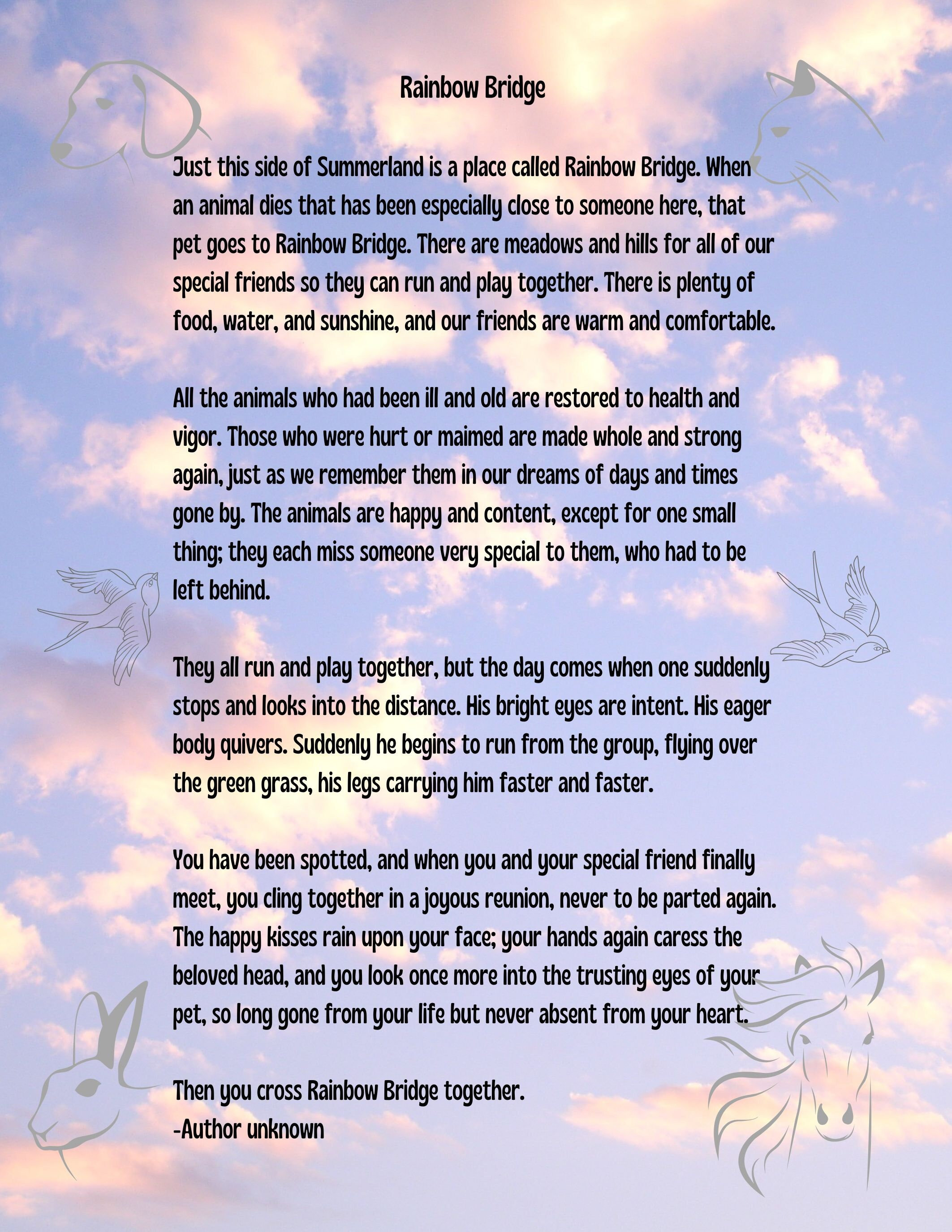 SUMMERLAND Version Rainbow Bridge Poem Animal Angels in Clouds ...
