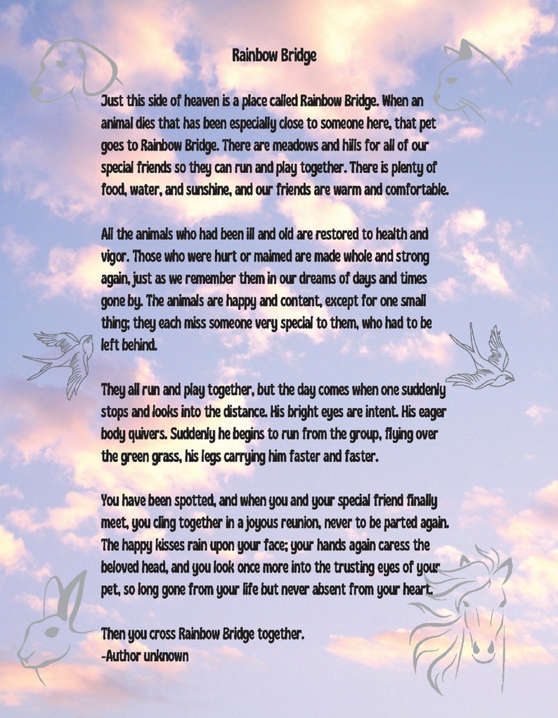 Rainbow Bridge Poem Animal Angels in Clouds 8.5 x 11 inch Printable image 1