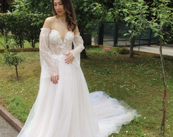 Wedding corset dress with sleeves Beaded wedding dress  Long sleeves wedding dress Off the shoulder wedding dress Damiana