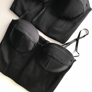Black silk satin bustier, Black corset with cups pushup