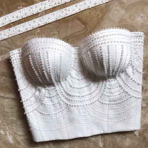 Satin White Pearl Bridal Corset, straps crop top, Bustier Cups White Bustier Top Bridal Corset Bridal Bustier Perla