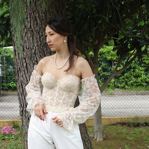 Beige Bridal Corset Bustier with sleeves Cups Cream Lace Top Bustier Bridal Corset Bridal Bustier Ameli One Size Only - Sample Sale