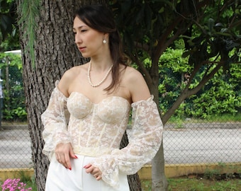 Corsetto da sposa beige con maniche e coppe, top in pizzo color crema, corsetto da sposa, bustier da sposa, bustier Ameli