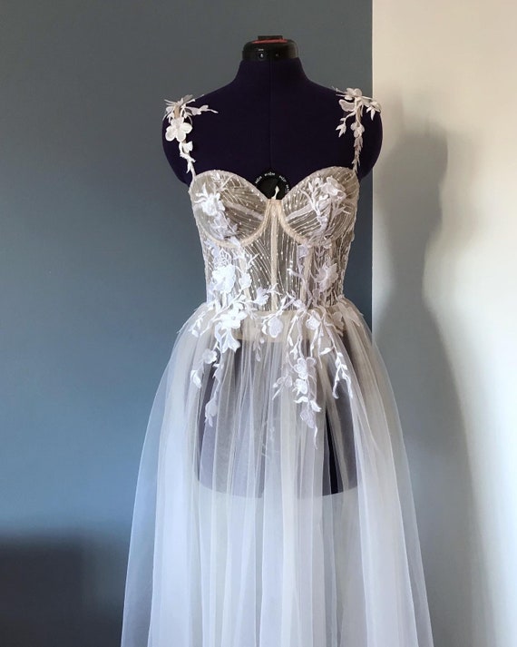 Floral 3D Applique Corset Wedding Dress, Transparent Tulle Bridal Gown Floral 3D Applique Corset Wedding Dress, Transparent Tulle Bridal Gown