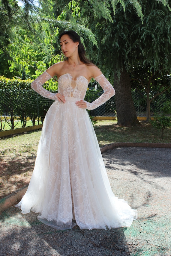 Lace Corset Wedding Dress with Sleeves: Two-Piece A-Line Skirt