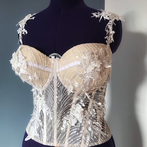 Floral Wedding corset Lace bustier with cups cream transparent bustier top bridal corset wedding bustier Claudia