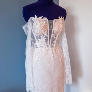 Mini Wedding lace dress with sleeves Off-shoulder wedding gown Cream Wedding dress Bridal dress Wedding transparent dress Alba