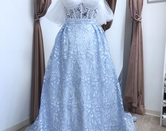Blue Lace Corset Wedding Dress, Two-Piece Bridal Gown