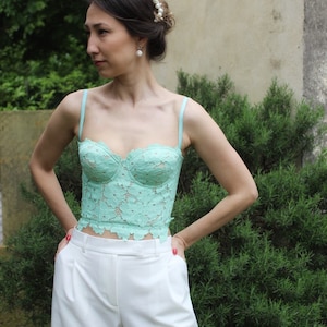 Mint top bustier, Bustier with cups, mint lace bustier top, bridal corset, wedding bustier top sweetheart shape with removable thin straps
