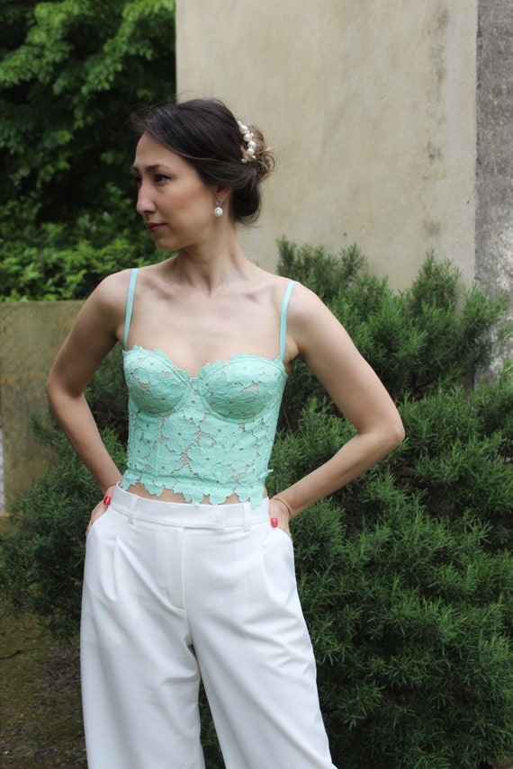 Mint Top Bustier, Bustier With Cups, Mint Lace Bustier Top, Bridal