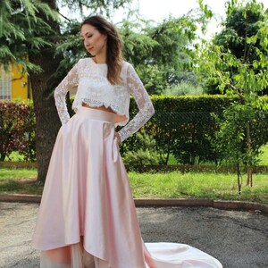 Crop Top wedding dress with a touch of color Lace wedding dress high low wedding dress Bridal gown and separate Two piece wedding dress Lucy