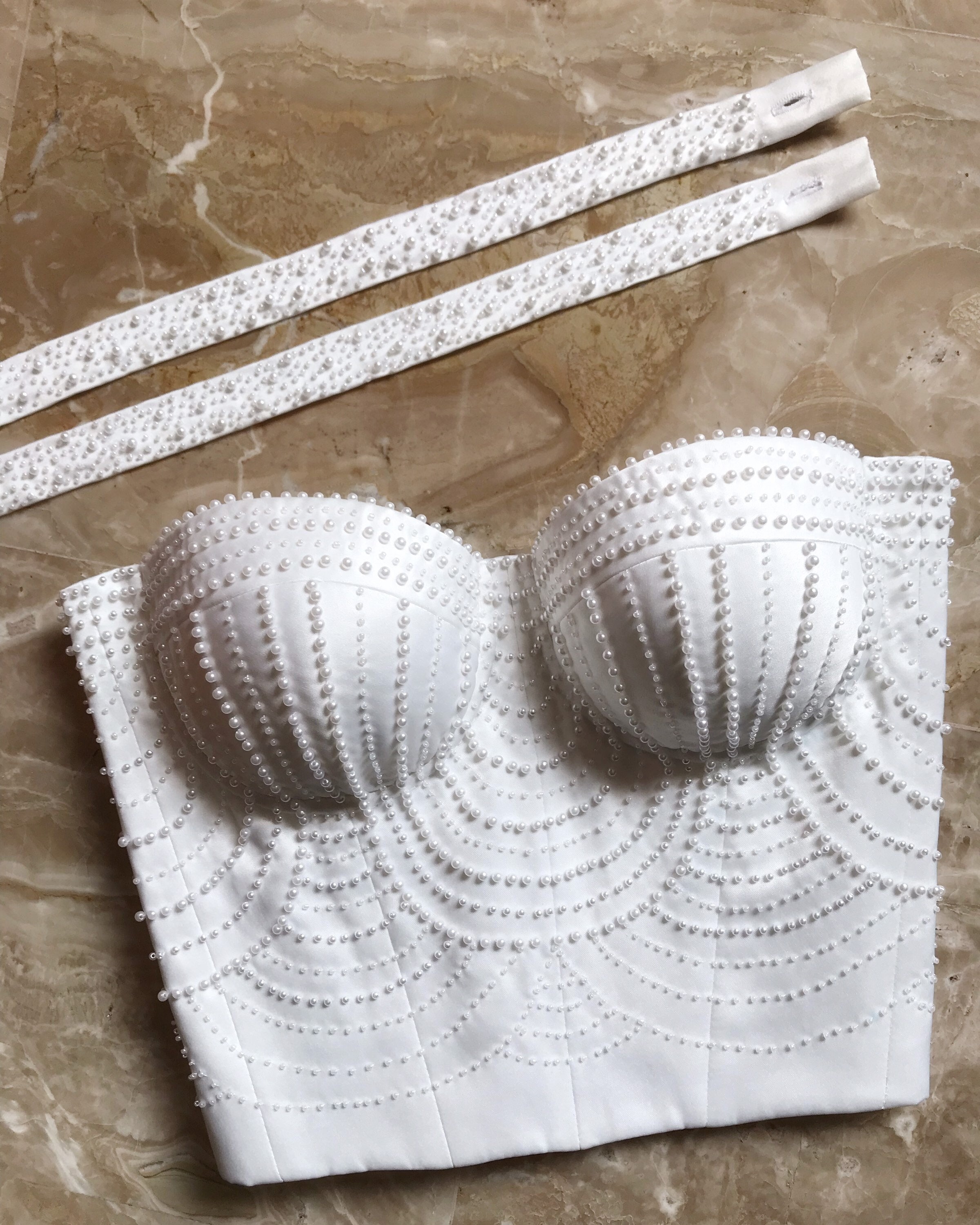 Pearl Embroidered Bridal Corset Top, Satin Bustier, Detachable