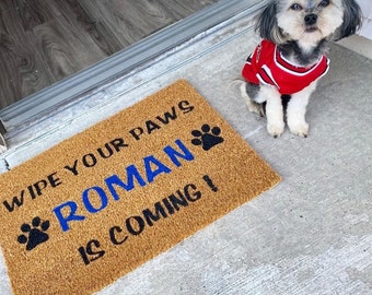 May include: A brown coir doormat with the text "Wipe your paws Roman is coming!" in black and blue lettering.  Two black paw prints are on either side of the text. A small gray and white dog wearing a red and black jersey is standing on the concrete floor in front of the doormat.