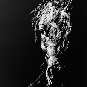 Black and white horse portrait original equine handmade charcoal drawing on paper, One of a kind unique modern fine art painting wall decor