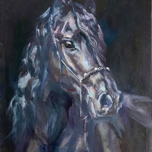 Midnight Elegance, Black Equine Art Oil Painted Horse Portrait, Hand Painted Oil Painting, Original Stallion Art,Dark Equestrian Wall Decor