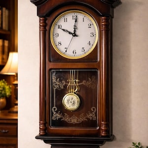 May include: A dark wood wall clock with a gold-rimmed face and a pendulum. The clock has a decorative top and a lower section with a glass panel. The clock is hanging on a wall.