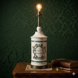 May include: A white ceramic table lamp with a cylindrical base featuring a decorative gold and teal scrollwork emblem and the text Pom Concomb. The lamp has a metallic bronze-toned base and a single exposed Edison-style light bulb at the top.