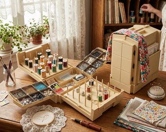 Portable Vintage Sewing Organizer Box Fold Out Storage Case Spool Holder Beige.