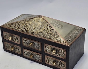 Vintage Indian Mughal Style Six Drawer Ornate Embossed Metal Jewelry Chest Box
