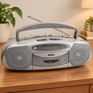 Può includere: Un registratore a cassette radio stereo AM/FM portatile color argento con maniglia per il trasporto superiore e antenna retrattile. La parte anteriore presenta due altoparlanti circolari, una manopola di sintonia centrale e il marchio Digitech.