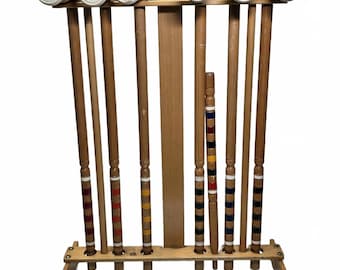 Vintage Wooden Croquet Set 8 Mallets with Stand Color Coded Handles Lawn Game