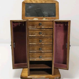 Brown Wooden Jewelry Box with Mirror, Multiple Drawers, Necklace Ring Storage