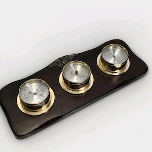 Estación meteorológica de madera antigua de Springfield, termómetro, barómetro e higrómetro Eagle