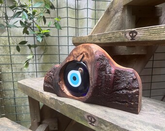Wooden Evil Eye Amulet Sculpture: Handmade Glass Eye Charm