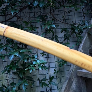 Könnte beinhalten: Ein langer, zylindrischer Holzstab mit einer glatten, hellbraunen Oberfläche. Der Stab weist einen sichtbaren Verbindungsabschnitt nahe der Oberseite sowie dezente, dunkle natürliche Maserungen entlang seiner Länge auf, die eine gerade Struktur zeigen.