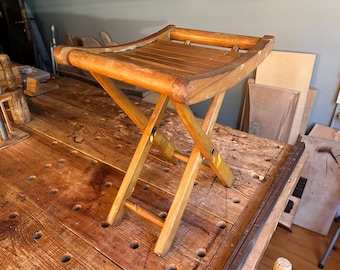 Antique Folding Wood Stool: Portable Seat, Original Rivet