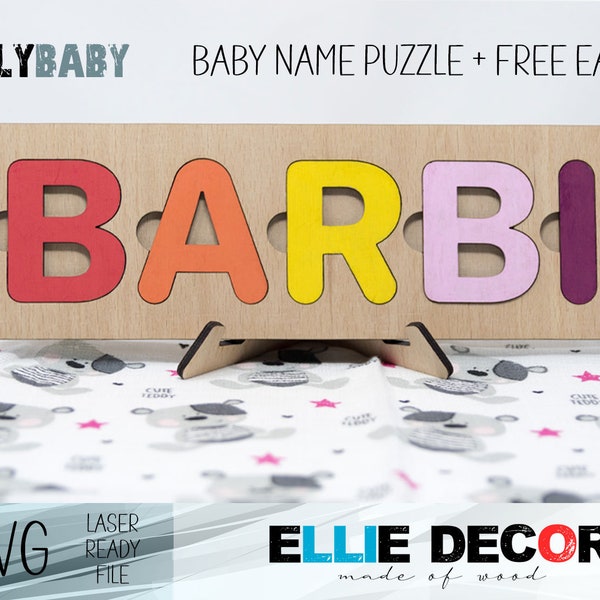 Baby Namenspuzzle, Vorlage mit Alphabet + kostenlose Staffelei als Bonus - SVG-Datei, Sofort-Download, digitale Datei, laserfähige Datei, glowforge