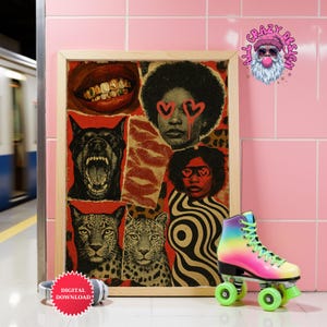 Czarny kolaż Wydruk Dziewczęcy Wystrój akademika Apartament Estetyczny wydruk Łazienka Funky Art Preppy Czarny plakat ścienny Lampart Wydruk cyfrowy