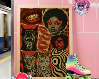 Black Collage Print Girly Dorm Decor Apartment Aesthetic Print Bathroom Funky Art Preppy Black Wall Art Leopard Poster Digital Print