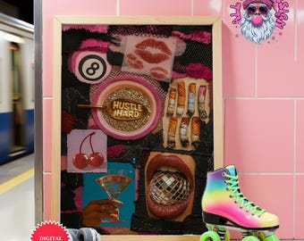 Girly Wall Art | Y2K Collage Poster | Funky Retro Girly Wall Art | Preppy Dorm & Bar Cart Decor | Digital Download Pink Aesthetic Print